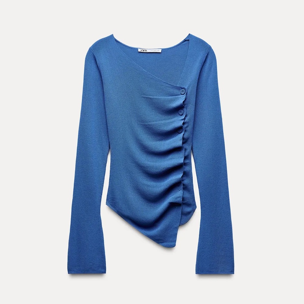 Zara Blue Ruched Knit Top medium